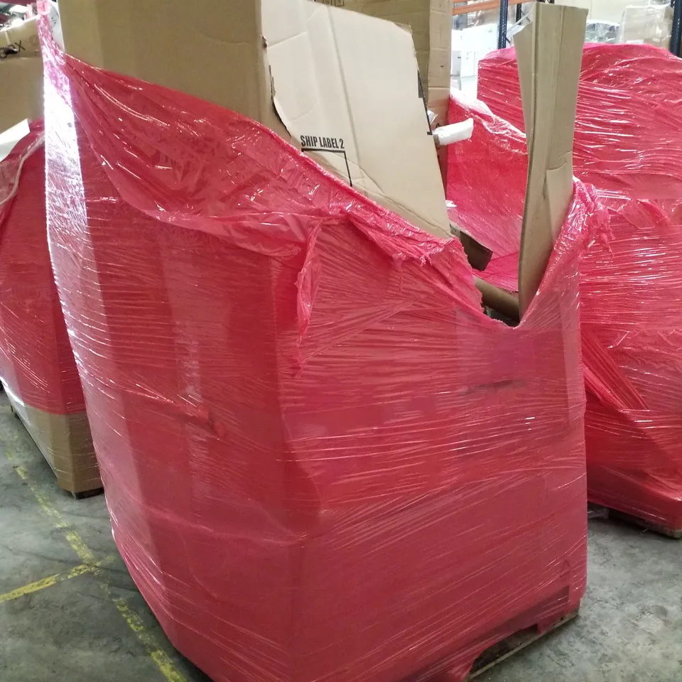 PALLET OF ASSORTED PRODUCTS INCLUDING RETRACTABLE SAFETY GATE, SPRING LOADED TENSION ROD, LAUNDRY BASKET, CAR SEAT CUSHION