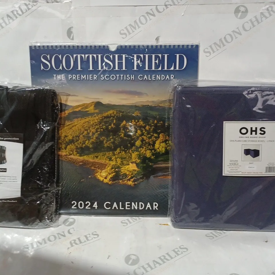 BOX OF APPROXIMATELY 10 ASSORTED HOUSEHOLD ITEMS TO INCLUDE PLAIN CUBE STORAGES BOXES, SCOTTISH FIELD 2024 CALENDAR, EXERCISE FITNESS WAIST PROTECTION, ETC