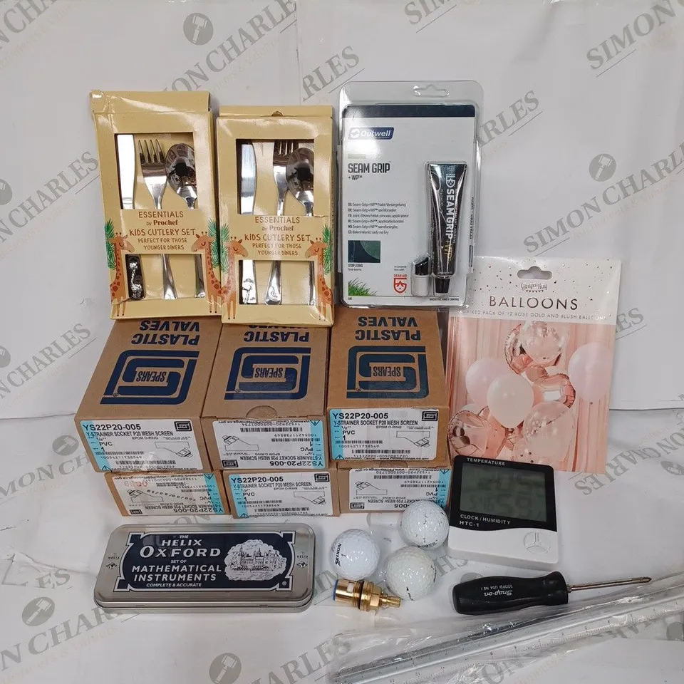 BOX TO CONTAIN APPROX. 20 X ASSORTED HOUSEHOLD PRODUCTS, INCLUDES A LARGE NUMBER OF PLASTIC STRAINER SOCKET MECH SCREENS, CUTLERY, GOLF BALLS ETC 