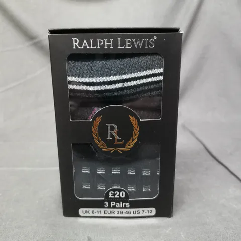 RALPH LEWIS PACK OF 3 ASSORTED PAIRS OF SOCKS IN VARIOUS PATTERNS AND COLOURS SIZE 6-11