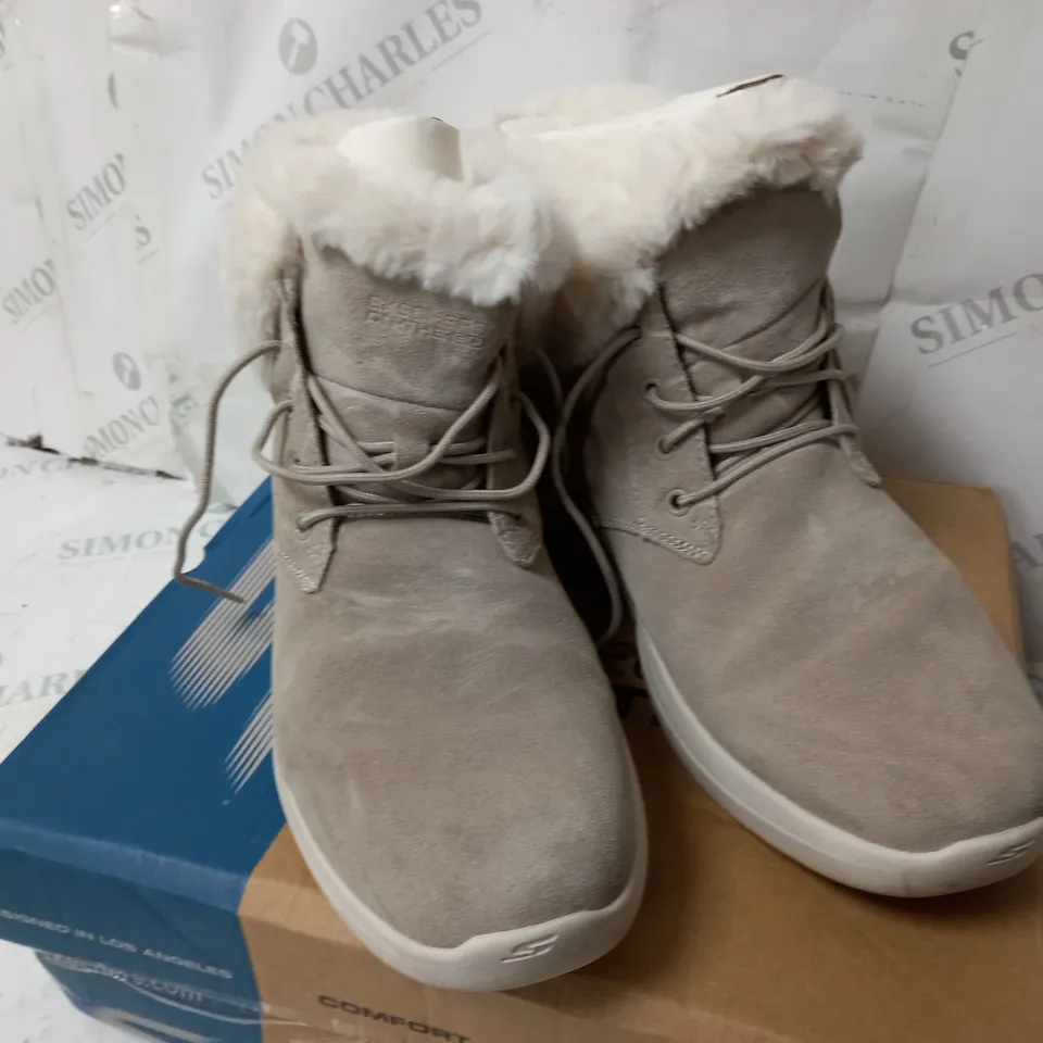 BOXED SKECHERS GO WALK STABILITY SUEDE BOOTS, TAUPE - SIZE 8
