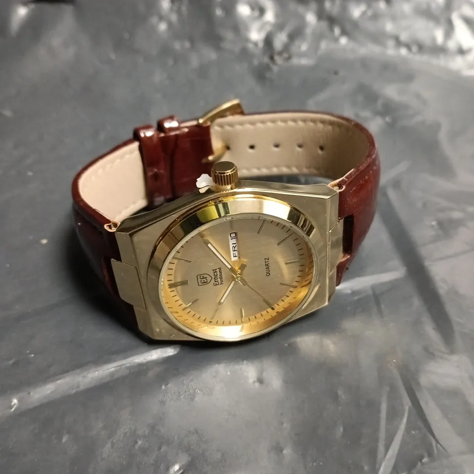 MENS ERNEST FERDINAND WATCH – DAY DATE CALENDAR DIAL – LEATHER STRAP