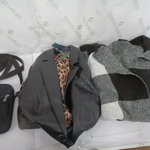 BOX OF 5 ASSORTED CLOTHING ITEMS TO INCLUDE KIPLING SMALL BLACK BAG, BLACK COLLARED JACKET , ETC