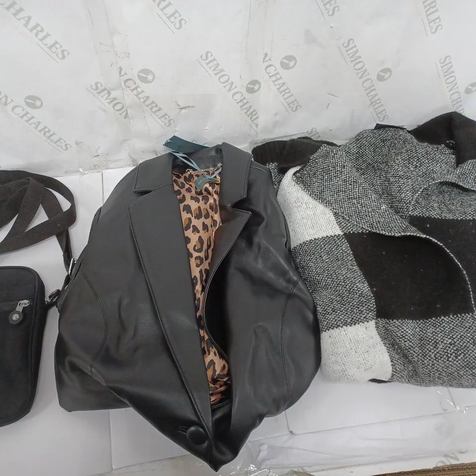 BOX OF 5 ASSORTED CLOTHING ITEMS TO INCLUDE KIPLING SMALL BLACK BAG, BLACK COLLARED JACKET , ETC