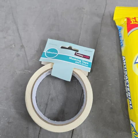 TOTE OF APPROXIMATELY 15 ASSORTED ITEMS TO INCLUDE: ANTI BAC WIPES AND MASKING TAPE