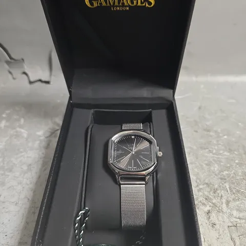 BOXED GAMAGES ORNATE DIAMOND STEEL BLACK DIAL WATCH 