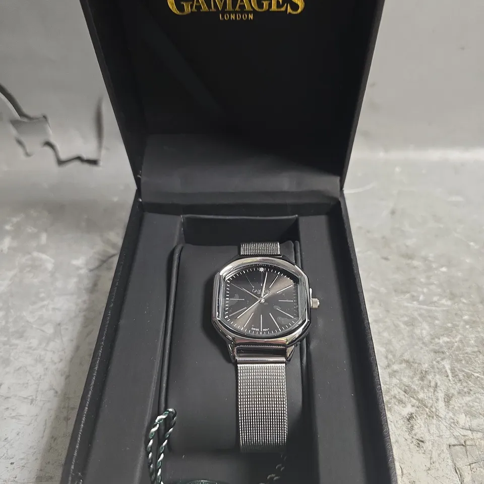 BOXED GAMAGES ORNATE DIAMOND STEEL BLACK DIAL WATCH 