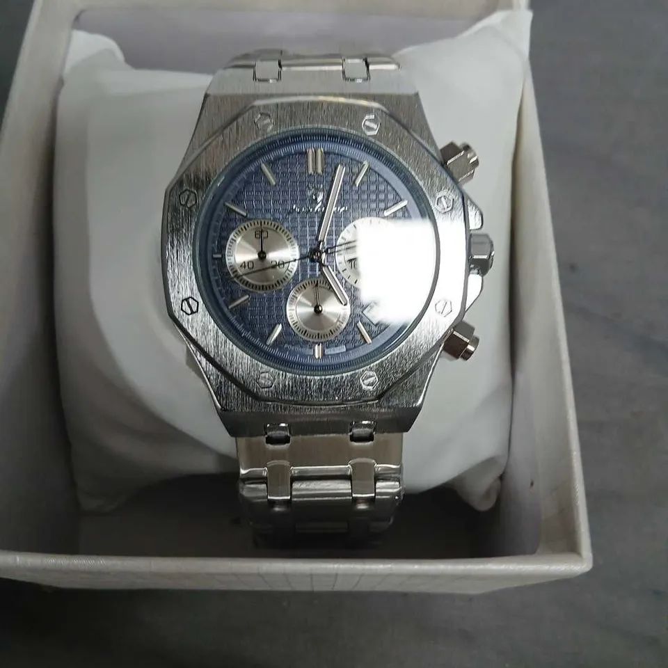 POEDAGAR STAINLESS STEEL CHRONOGRAPH WRISTWATCH – BLUE DIAL, BOXED