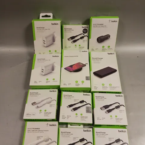 12 X ASSORTED BOXED BELKIN SMARTPHONE/TABLET ACCESSORIES TO INCLUDE USB PLUGS, CHARGING CABLES, WIRELESS CHARGING PAD ETC