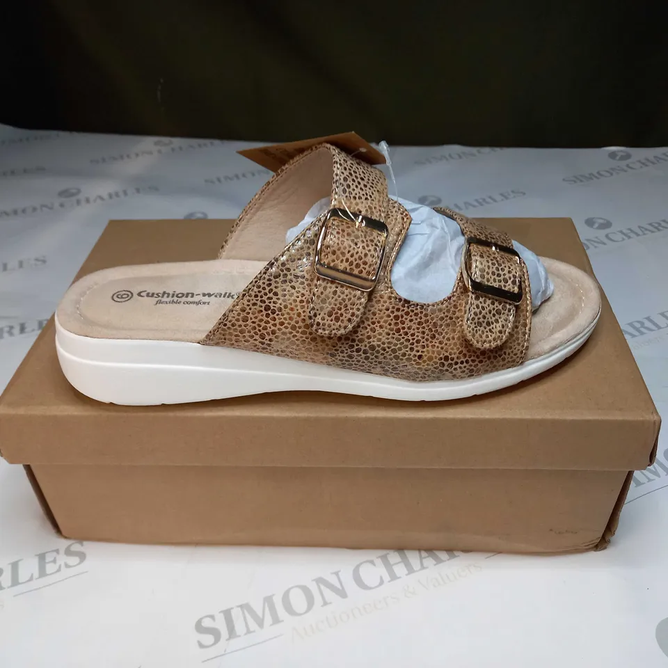 BOXED PAIR OF CUSHION WALK GOLD STRAPPY SANDALS - SIZE 6