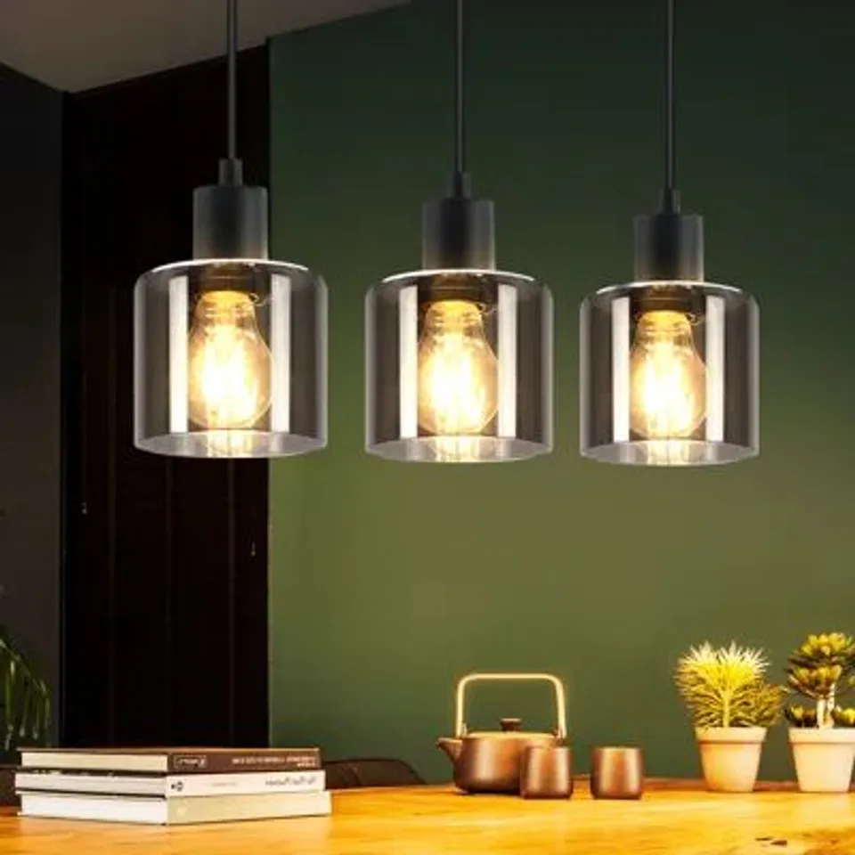 BOXED PENDANT LIGHT - 3 - LIGHTS E27 GLASS BLACK (1 BOX)