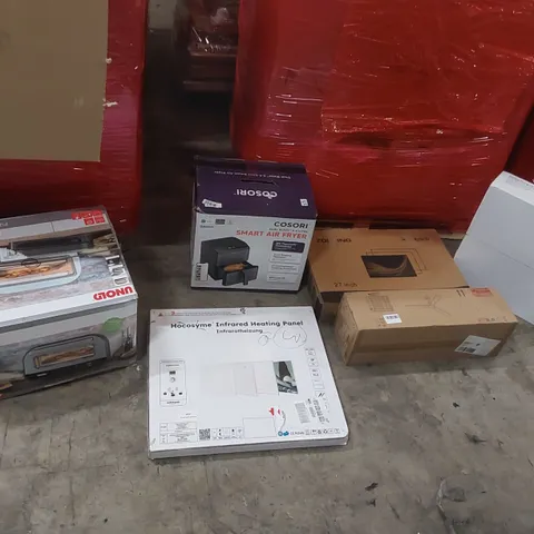 PALLET OF ASSORTED ITEMS TO INCLUDE: PIZZA OVEN, SMART AIR FRYER, INFRARED HEATING PANEL, CEILING FAN, MONITOR ECT