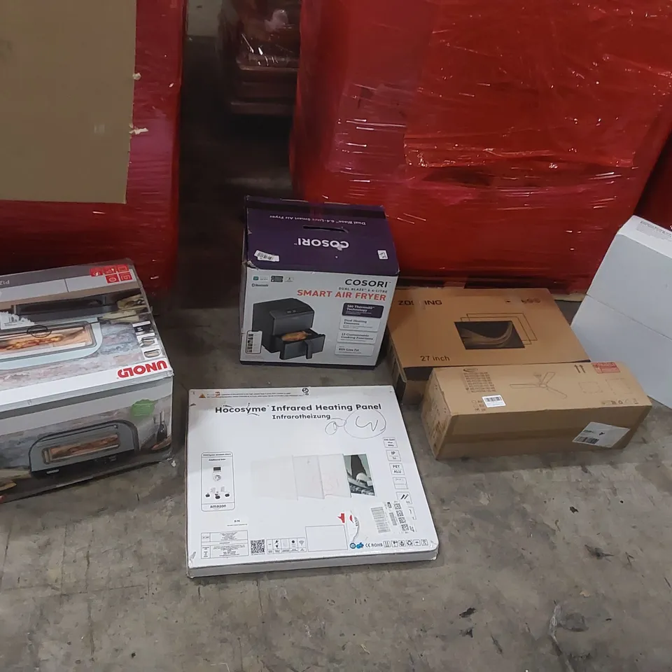 PALLET OF ASSORTED ITEMS TO INCLUDE: PIZZA OVEN, SMART AIR FRYER, INFRARED HEATING PANEL, CEILING FAN, MONITOR ECT