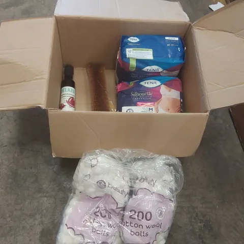 BOX CONTAINING 400 COTTON WOOL BALLS, 2x 12PCS TENA UNDERWEAR, BELAZU POMEGRANATE MOLASSES