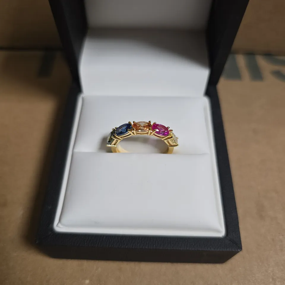 BOXED SIF JAKOBS JEWELLERY GOLD-PLATED STERLING SILVER RING FEATURES COLORFUL CUBIC ZIRCONIA STONES