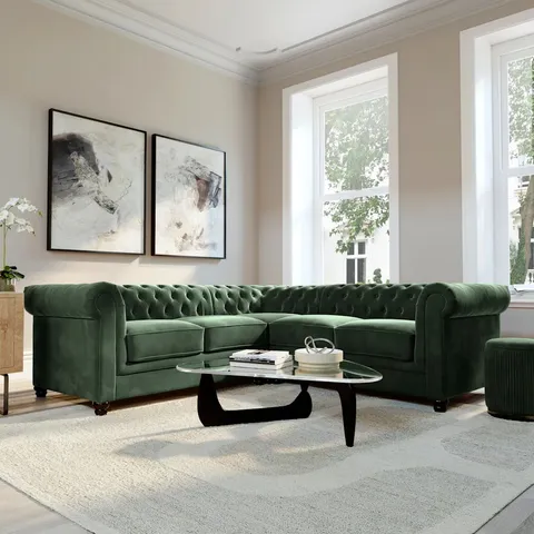 BOXED HAMPTON CHESTERFIELD CORNER SOFA - MOSS GREEN CLASSIC VELVET (3 BOXES)