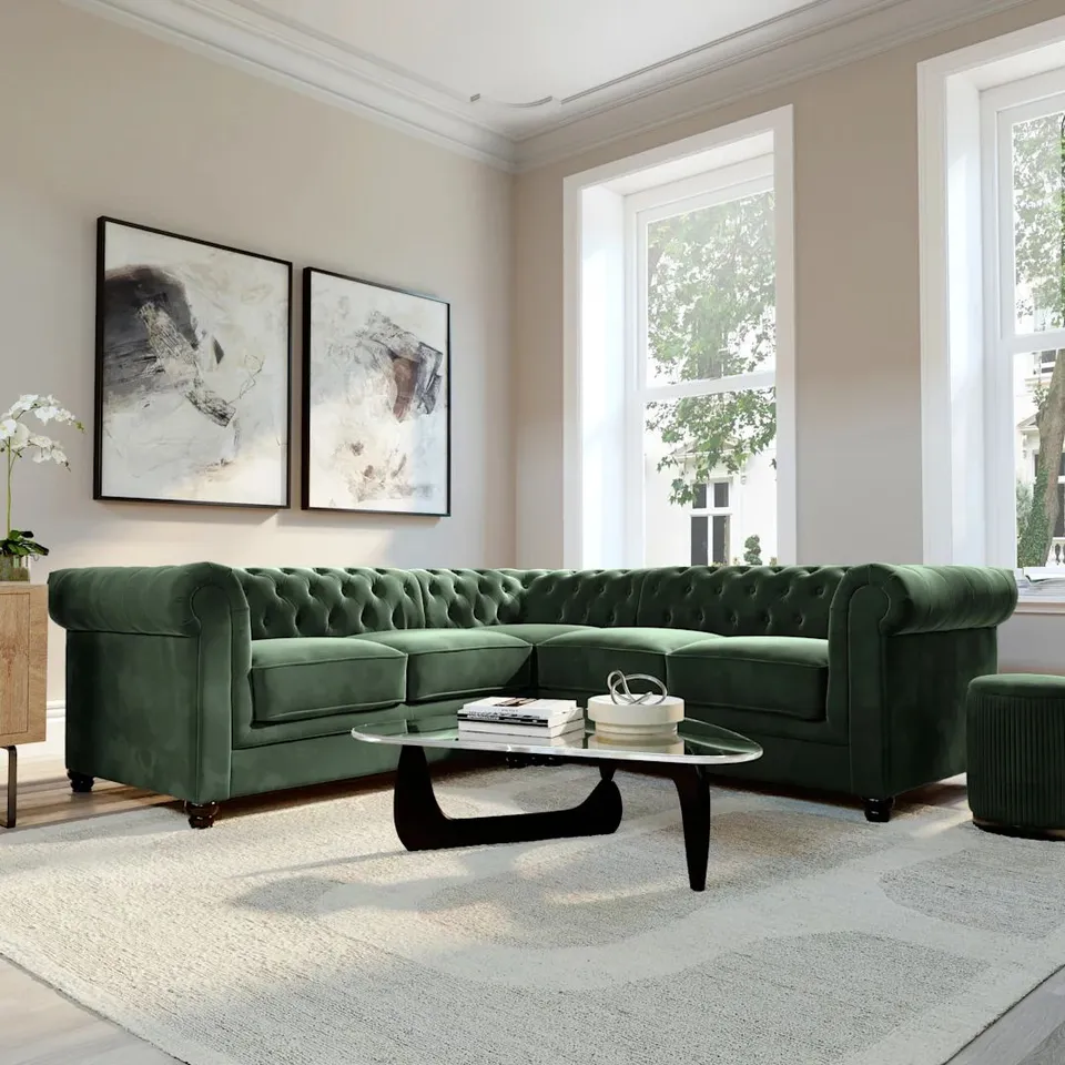 BOXED HAMPTON CHESTERFIELD CORNER SOFA - MOSS GREEN CLASSIC VELVET (3 BOXES)