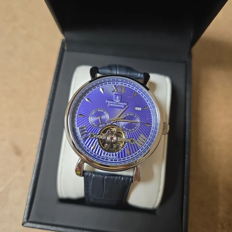 BOXED SAMUEL JOSEPH AUTOMATIC LIMITED EDITION SILVER WATCH WITH BLUE DIAL