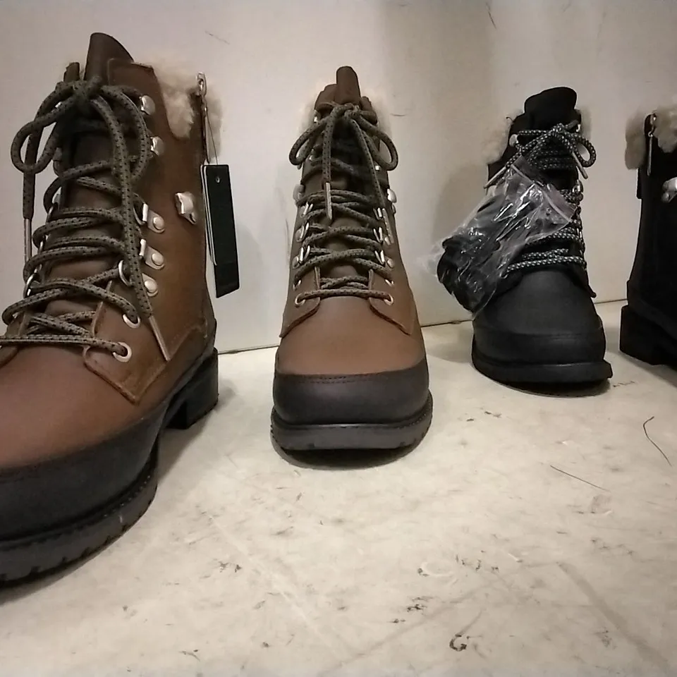BOXED UNISEX EMU AUSTRALIA OKAB BOOTS , 2 PAIR OAK SIZE  6 AND 9  , 1 PAIR BLACK  SIZE 3 , 1 OAK SIZE 9 