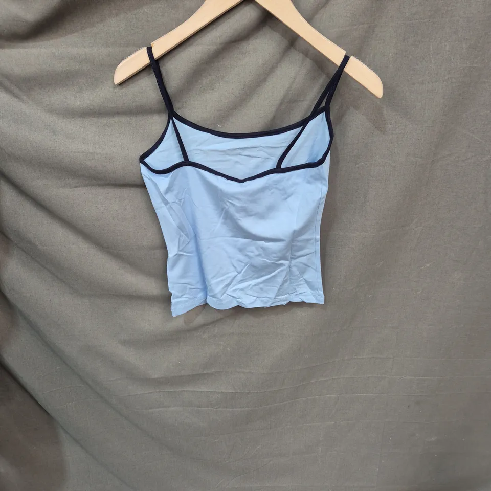 BERSHKA LIGHT BLUE CAMISOLE TOP WITH NAVY TRIM – WOMEN'S SIZE M