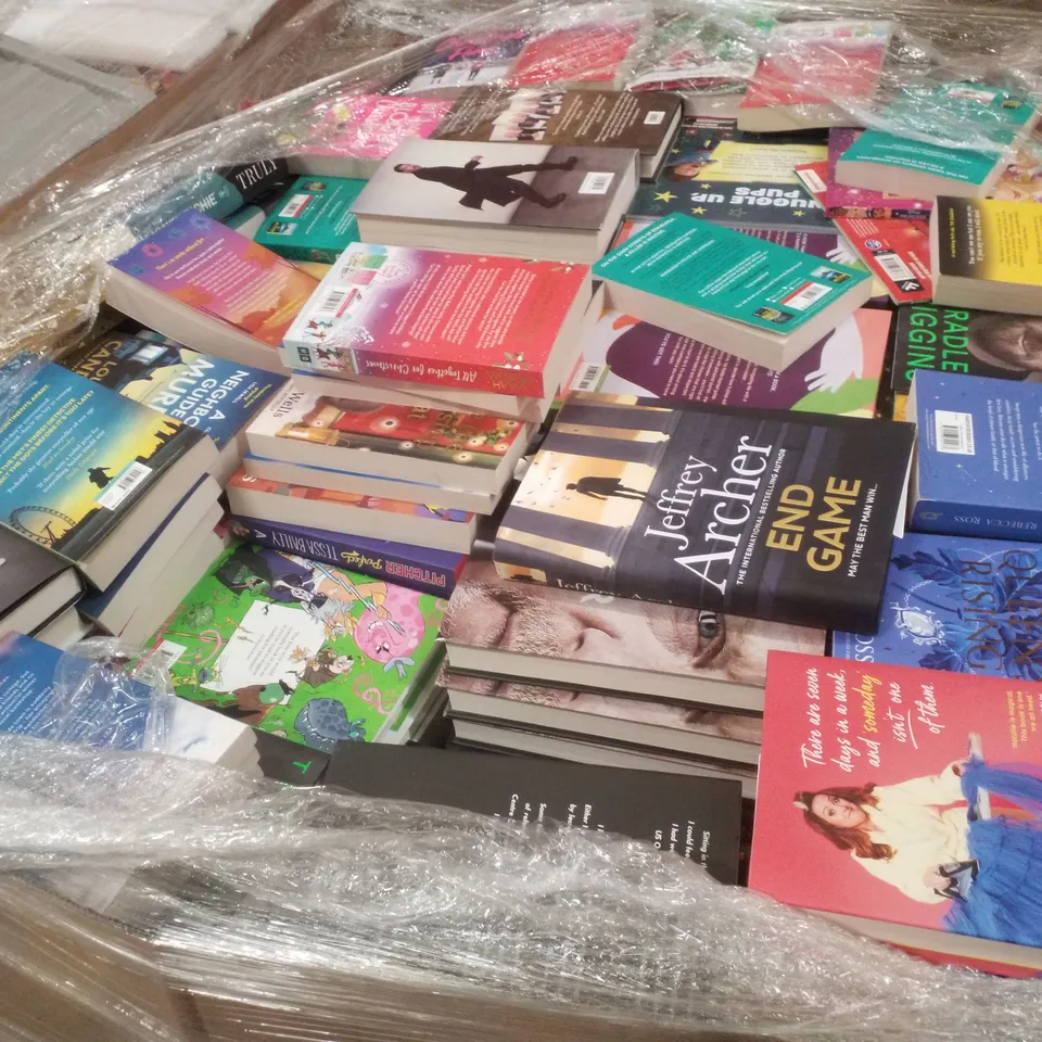PALLET CONTAINING ASSORTED BOOKS INCLUDING END GAME, TRULY, THE WORLDS WORST SUPERHEROES, THE QUEEN'S RISING & THE GREATEST SNOWMAN