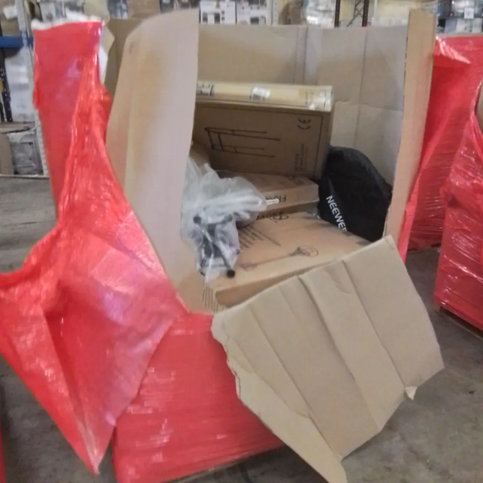 PALLET CONTAINING HOME IMPROVEMENT AND MOBILITY AID PRODUCTS. INCLUDES TV WALL MOUNT, WALKER, CRUTCHES, BASKET BALL HOOP ETC