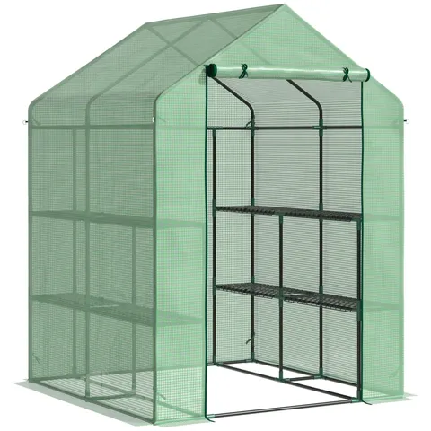 BOXED OUTSUNNY WALK IN GREENHOUSE WITH SHELVES STEEPLE GREEN HOUSE FOR GARDEN GROW HOUSE REMOVABLE COVER 143X138X190cm, GREEN