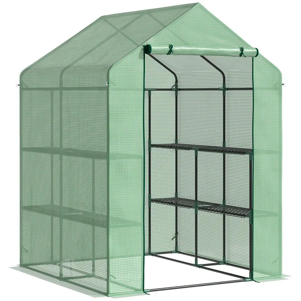 BOXED OUTSUNNY WALK IN GREENHOUSE WITH SHELVES STEEPLE GREEN HOUSE FOR GARDEN GROW HOUSE REMOVABLE COVER 143X138X190cm, GREEN