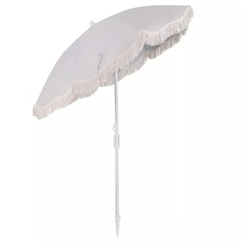 BOXED 180CM OUTDOOR FRINGE PATIO UMBRELLA WITH CARRYING BAG -WHITE-