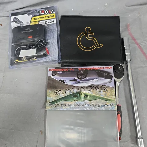 BOX OF ASSORTED CAR ITEMS TO INCLUDE - CIGARETTE LIGHTER -HOMECHOICE - TOOLS 