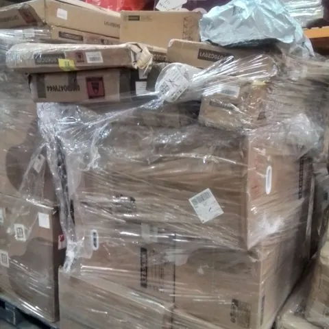 PALLET OF ASSORTED HOUSEHOLD GOODS AND PRODUCTS TO INCLUDE; STORAGE SHELVES,COMPUTER DESK,OTTOMAN STORAGE BOX