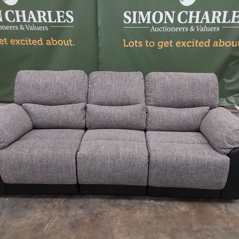 DESIGNER MANUAL RECLINING THREE SEATER SOFA BLACK FAUX LEATHER & GREY FABRIC