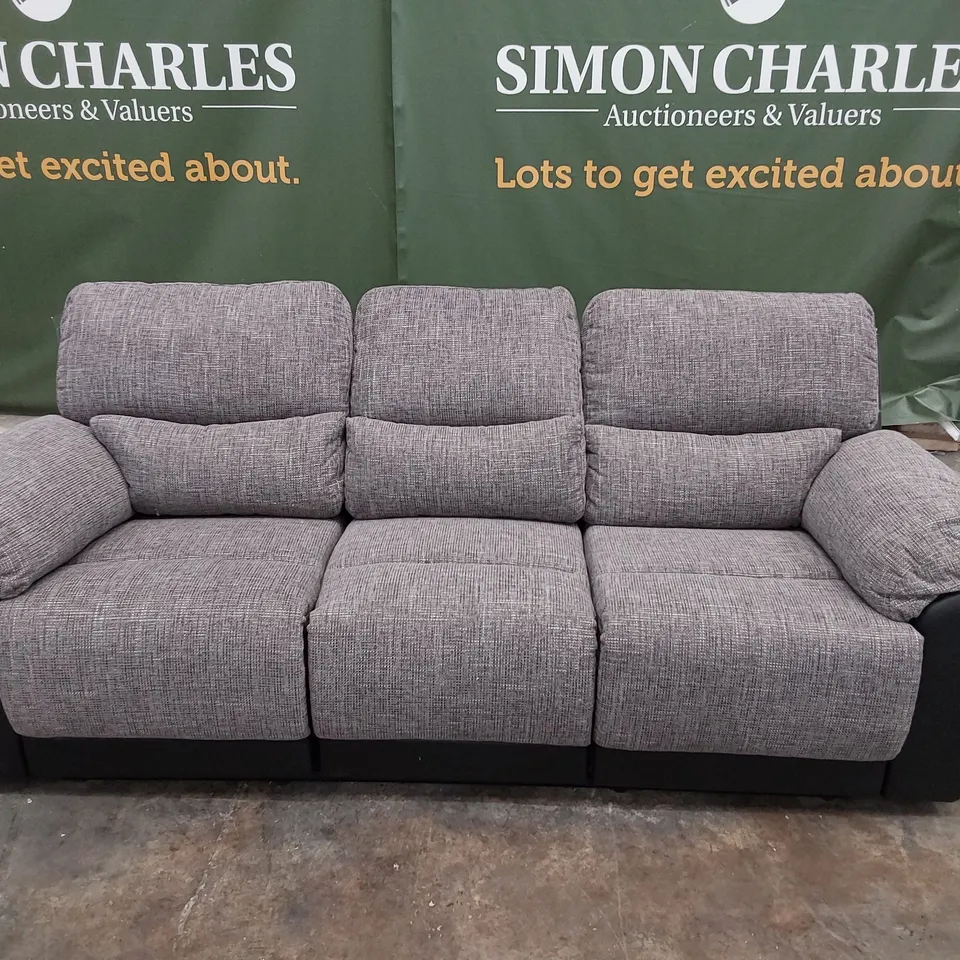 DESIGNER MANUAL RECLINING THREE SEATER SOFA BLACK FAUX LEATHER & GREY FABRIC 
