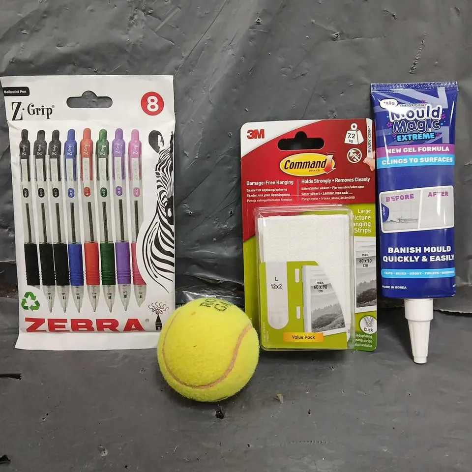 BOX OF APPROXIMATELY 14 ASSORTED ITEMS TO INCLUDE - MOULD MAGIC , Z GRIP PENS , WILSON TENNIS BALL ETC