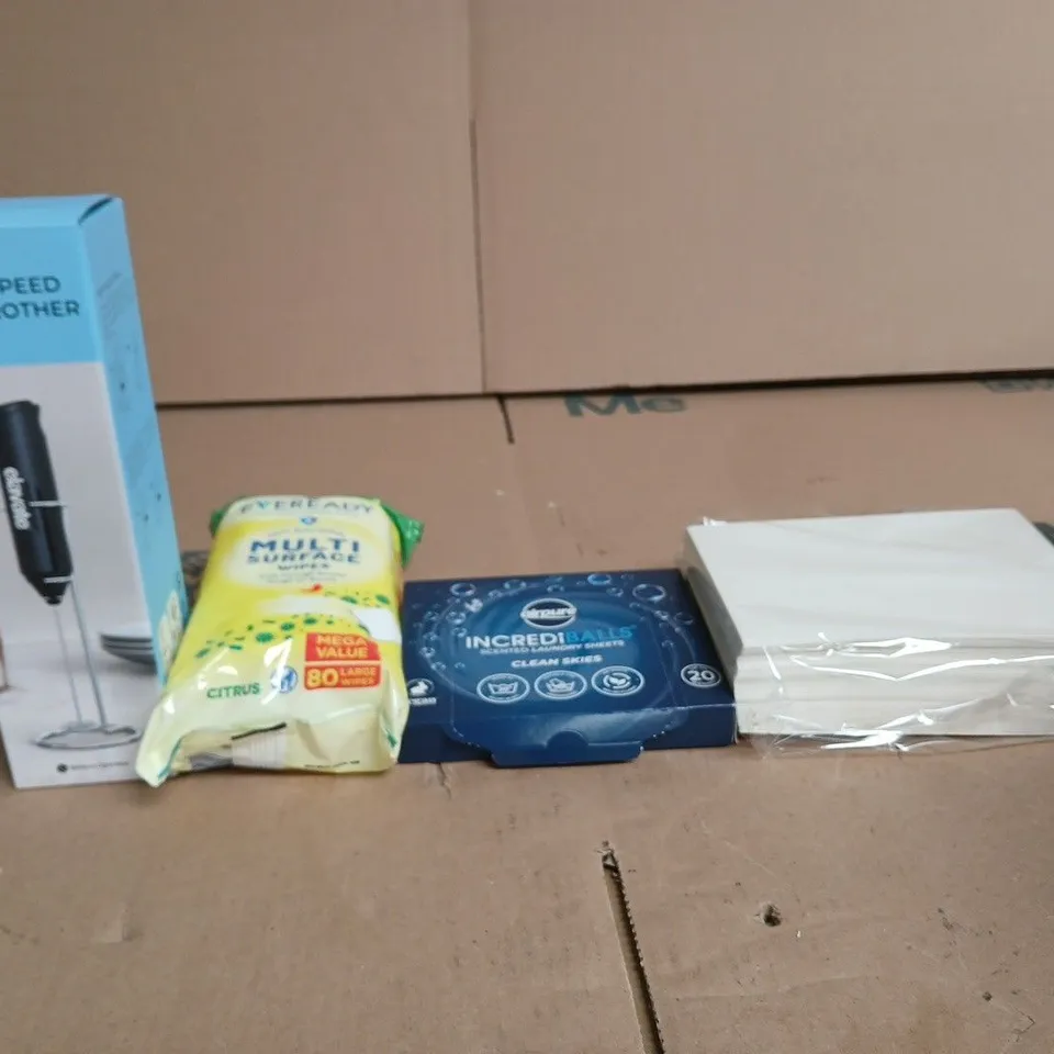 APPROXIMATELY 15 ASSORTED HOUSEHOLD PRODUCTS TO INCLUDE HIGH SPEED MILK FROTHER MULTI SURFACE WIPES AND INCREDI BALLS SCENTED LAUNDRY SHEETS