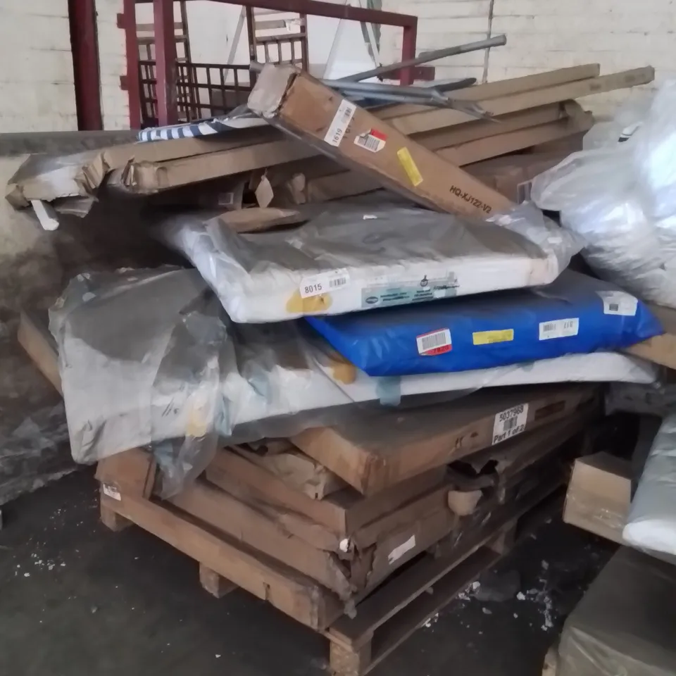 PALLET CONTAINING A LARGE QUANTITY OF ASSORTED FURNITURE PARTS AND COT MATTRESSES ETC