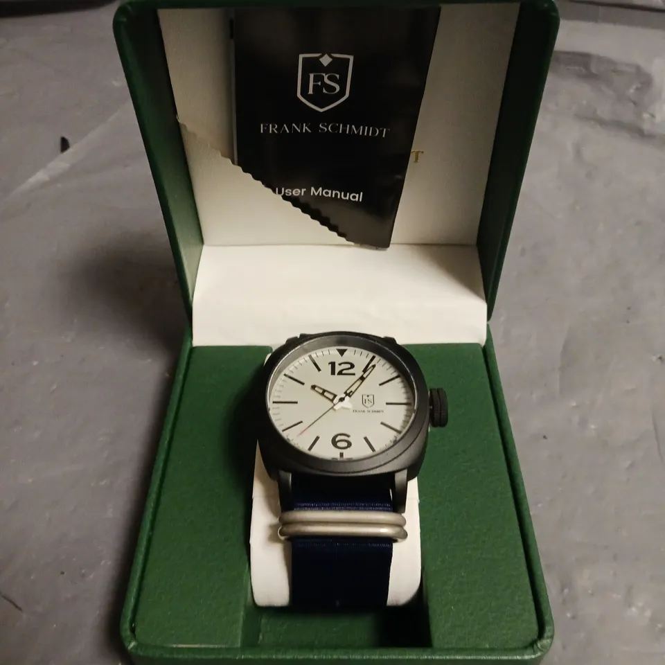 FRANK SCHIMDT WHITE DIAL GENTS WATCH WITH BLUE FABRIC STRAP AND BLACK CASE WITH STAINLESS STEEL BACK IN BOX