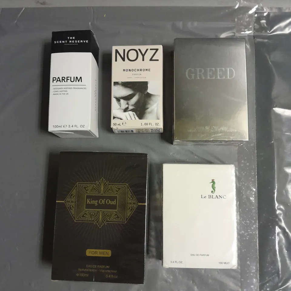 BOX OF APPROXIMATELY 5 ASSORTED BOXED FRAGRANCES TO INCLUDE - NOYZ MONOCHROME - KING OF OUD - GREED - ETC