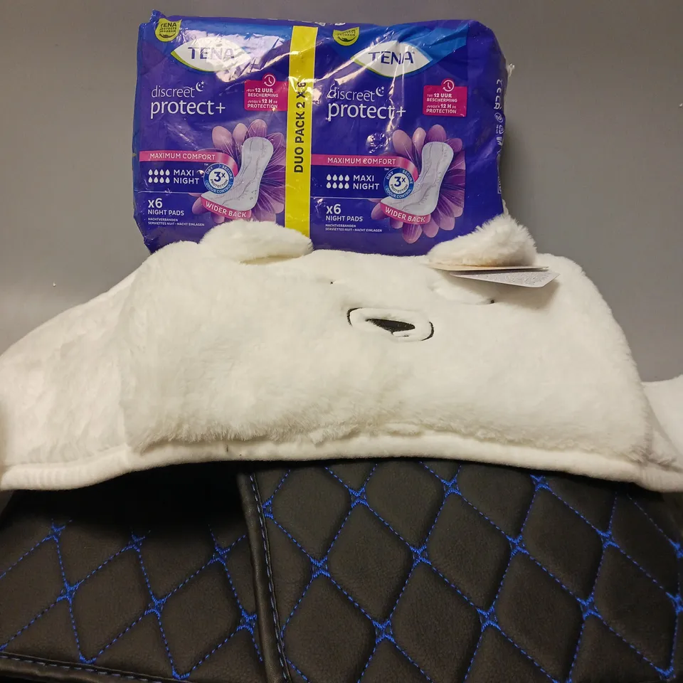 APPROXIMATELY 8 ASSORTED HOUSEHOLD ITEMS TO INCLUDE TENA NIGHT PAS, FLOOR MAT, SNUGGLE UP COLLECTION HOT WATER BOTTLE, ETC