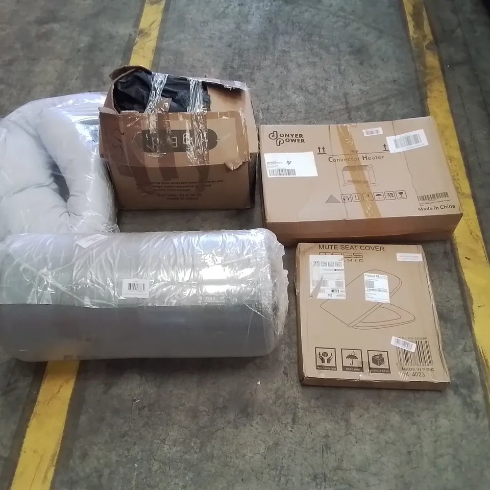 PALLET OF ASSORTED ITEMS TO INCLUDE: ROLLED MATTRESS, CONVECTOR HEATER, DOG BED, CUSHION, TOILET SEAT, LARGE RUG ECT