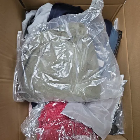 LARGE BOX OF ASSORTED CLOTHING ITEMS IN VARIOUS SIZES, STYLES AND COLOUR 