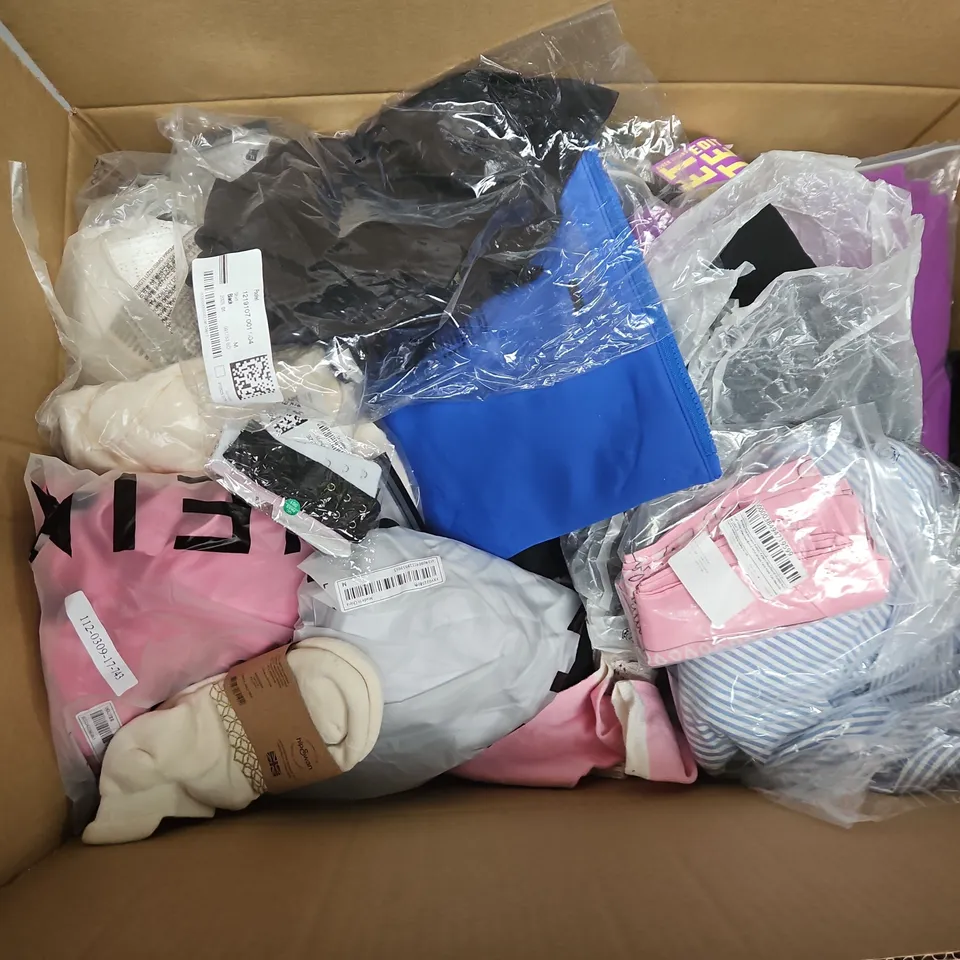 APPROXIMATELY 40 ASSORTED CLOTHING ITEMS IN VARIOUS SIZES, STYLES & COLOURS TO INCLUDE SOCKS, TOPS, DRESSES, ETC