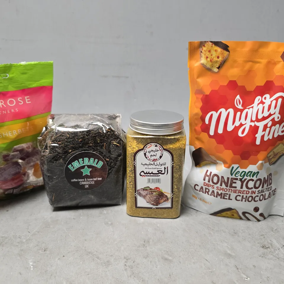 APPROXIMATELY 16 ASSORTED FOOD ITEMS TO INCLUDE - WAITROSE FRUIT SHERBERTS , EMERALD TEA LEAF, MIGHTY FINE VEGAN HONEY COMB IN CHOCOLATE ETC