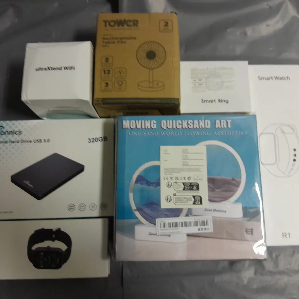 LOT OF 7 ASSORTED HOUSEHOLD ITEMS TO INCLUDE MOVING UICKSAND ART, SMART WATCH AND TOWER TABLE FAN