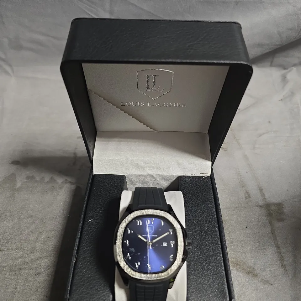 BOXED LOUIS LACOMBE WATCH – BLUE DIAL, BLACK RUBBER STRAP
