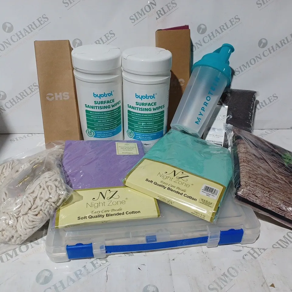 APPROXIMATELY 10 ASSORTED ITEMS TO INCLUDE SURFACE SANITISING WIPES, FACE CLOTHS, PILLOWCASES ETC.