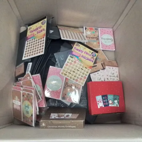 BOX CONTAINING A LARGE QUANTITY OF BRAND NEW GIFT WALLETS, REWARD STARTS, ASSORTED STICKERS ECT