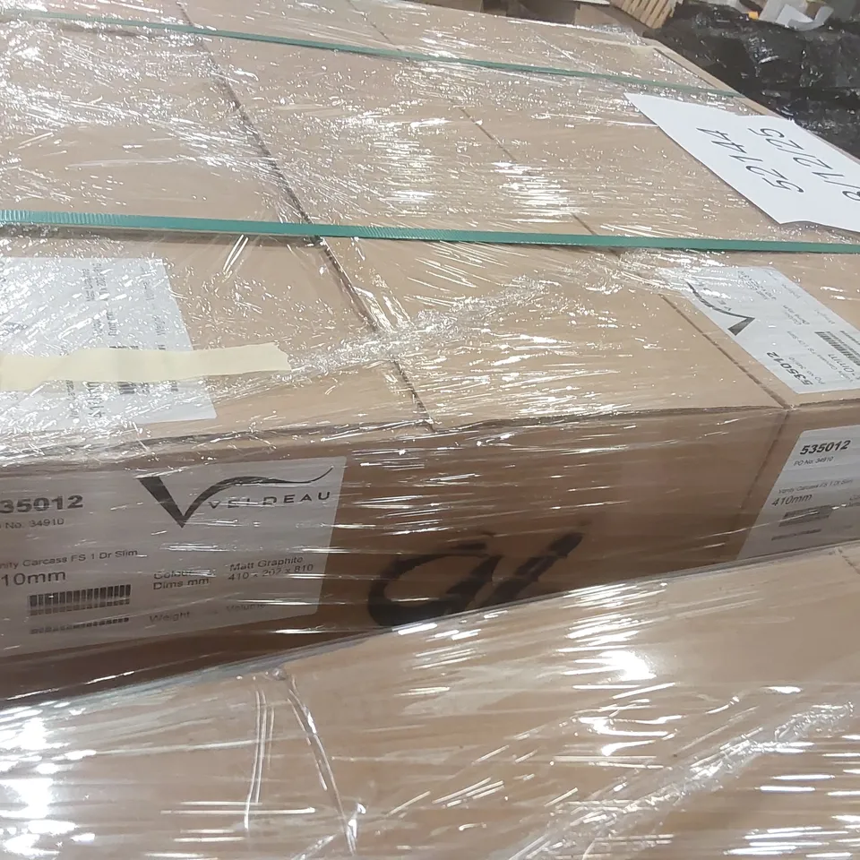 PALLET CONTAINING A LARGE QUANTITY OF ASSORTED BATHROOM FURNITURE PARTS INCLUDING: VELDEAU VANITY CARCASSES ECT