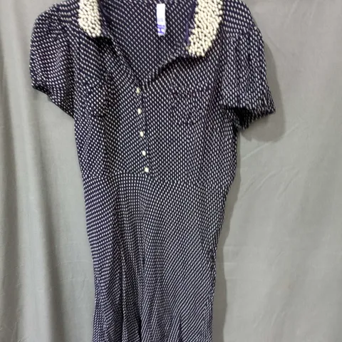 BY HENRY HOLLAND NAVY POLKA DOT DRESS WITH PEARL COLLAR, UK 12