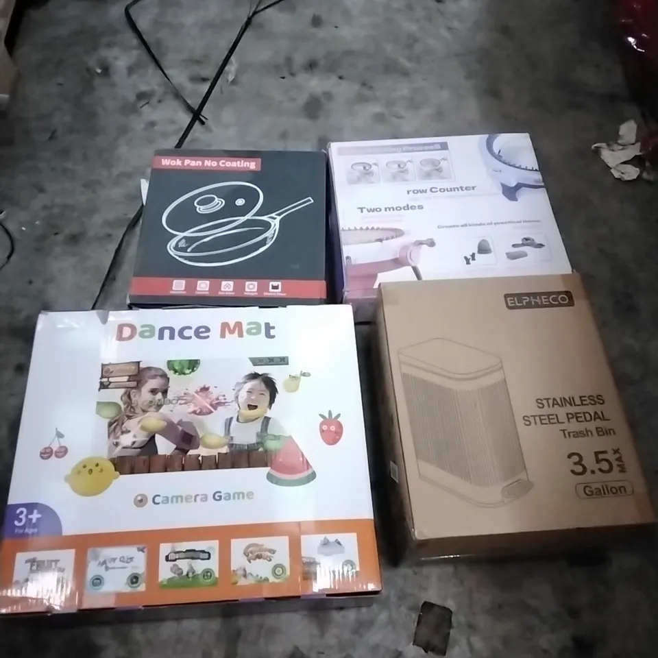 PALLET OF HOUSEHOLD ITEMS TO INCLUDE WOK PAN,KNITTING MACHINE, DANCE MAT,STAINLESS STEEL TRASH BIN AND OTHER ASSORTED ITEMS....